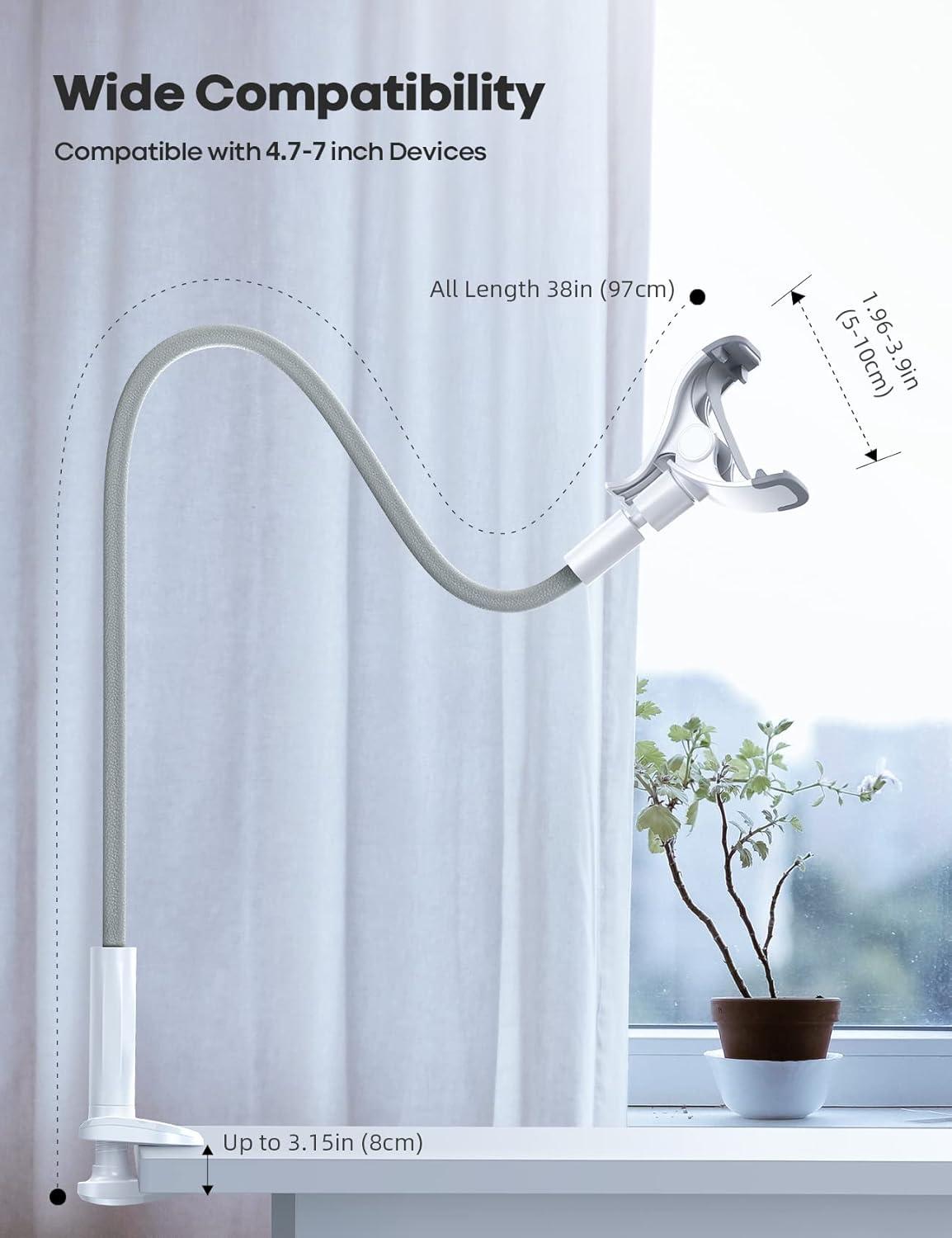 imageLamicall Gooseneck Phone Holder Bed  Nylon Braided Flexible Arm 38inch Overall Length 360 Adjustable Clamp Clip Overhead Cell Phone Mount Stand for Bed Desk 47 CellphoneGrey