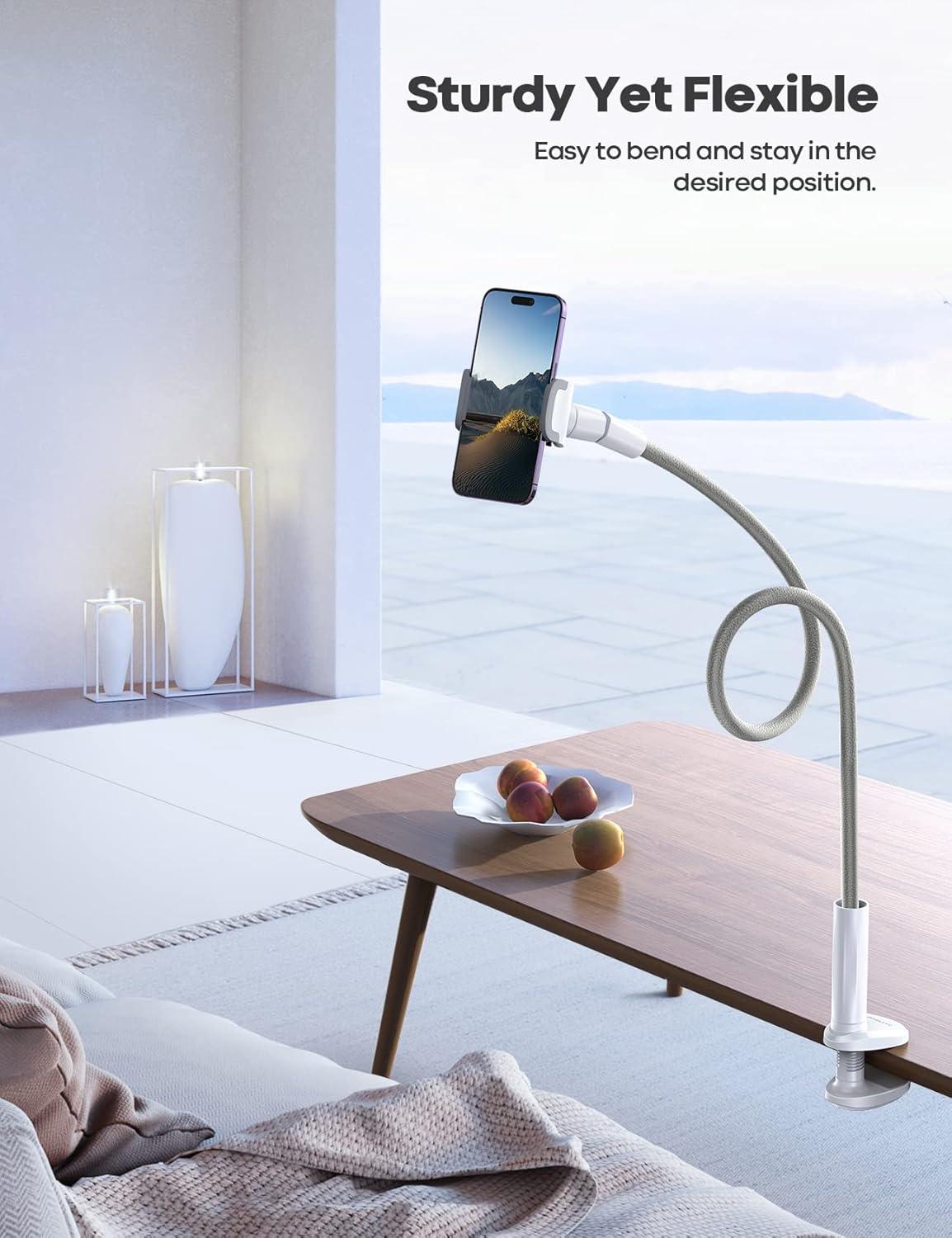 imageLamicall Gooseneck Phone Holder Bed  Nylon Braided Flexible Arm 38inch Overall Length 360 Adjustable Clamp Clip Overhead Cell Phone Mount Stand for Bed Desk 47 CellphoneGrey
