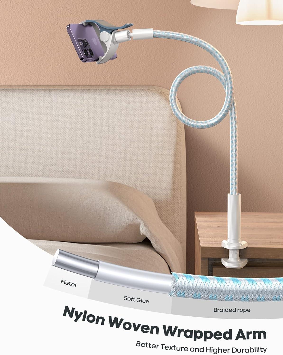 imageLamicall Gooseneck Phone Holder Bed  Nylon Braided Flexible Arm 38inch Overall Length 360 Adjustable Clamp Clip Overhead Cell Phone Mount Stand for Bed Desk 47 Cellphoneblue white