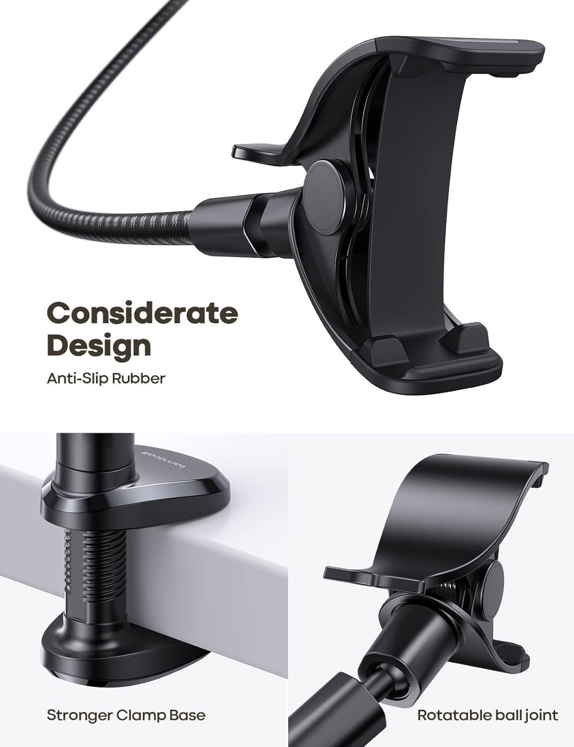 imageLamicall Gooseneck Phone Holder Bed  Nylon Braided Flexible Arm 38inch Overall Length 360 Adjustable Clamp Clip Overhead Cell Phone Mount Stand for Bed Desk 47 CellphoneBlack