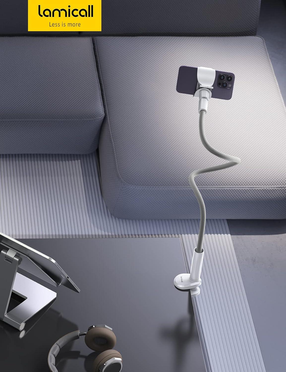 imageLamicall Gooseneck Phone Holder Bed  Nylon Braided Flexible Arm 38inch Overall Length 360 Adjustable Clamp Clip Overhead Cell Phone Mount Stand for Bed Desk 47 CellphoneGrey