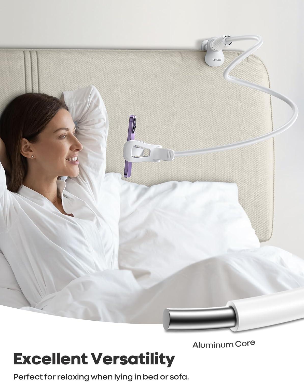 imageLamicall Gooseneck Phone Holder for Bed  360 Adjustable Clamp Clip Overhead Cell Phone Mount Stand for Desk Compatible with All Cellphone WhiteSnow White