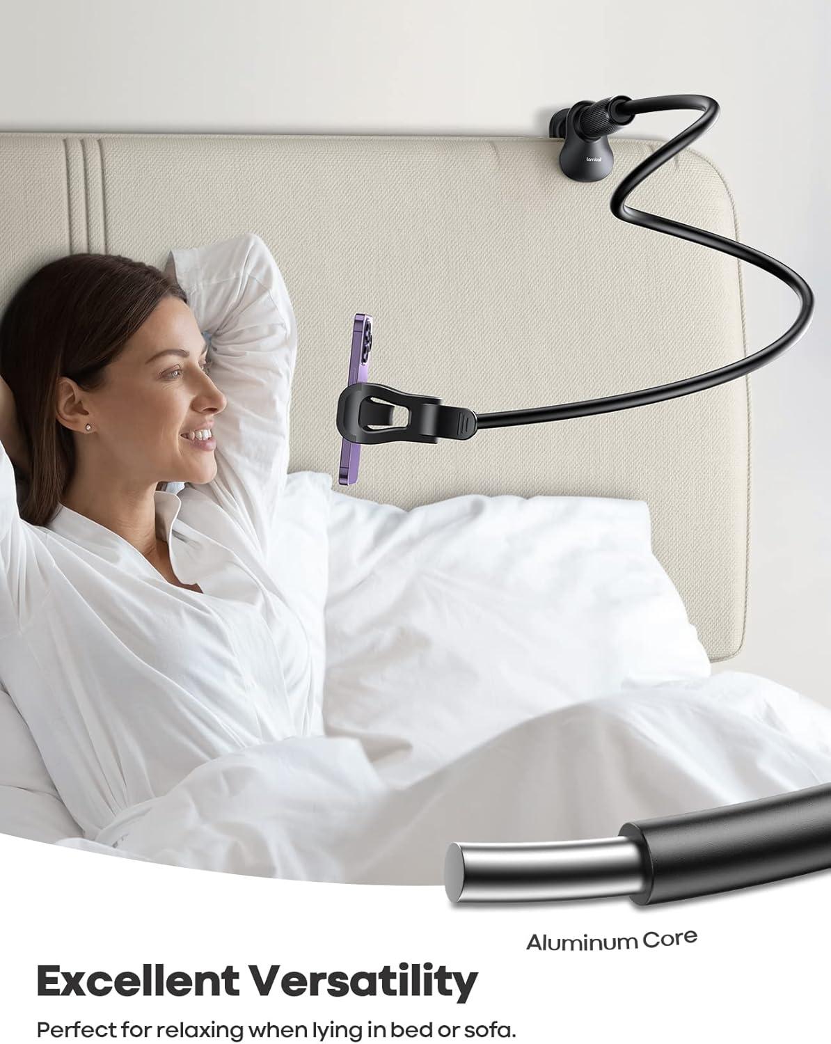 imageLamicall Gooseneck Phone Holder for Bed  360 Adjustable Clamp Clip Overhead Cell Phone Mount Stand for Desk Compatible with All Cellphone Whiteblack