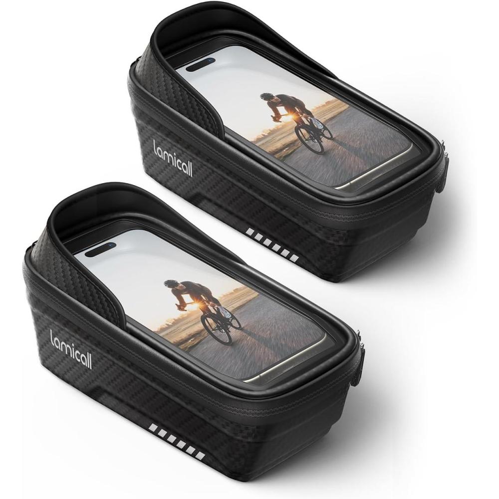 imageLamicall 2 Pack Bike Frame Bag Waterproof  1s Release 2 in 1 Bike Phone Bag Bike Phone Holder Mount Bicycle Top Tube Bag Cycling Pouch with Rain Cover Bike Accessories for Phones Under 7quotMedium2 Pack