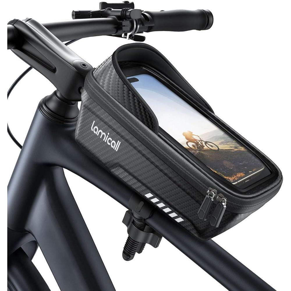 imageLamicall 2 Pack Bike Frame Bag Waterproof  1s Release 2 in 1 Bike Phone Bag Bike Phone Holder Mount Bicycle Top Tube Bag Cycling Pouch with Rain Cover Bike Accessories for Phones Under 7quotMedium
