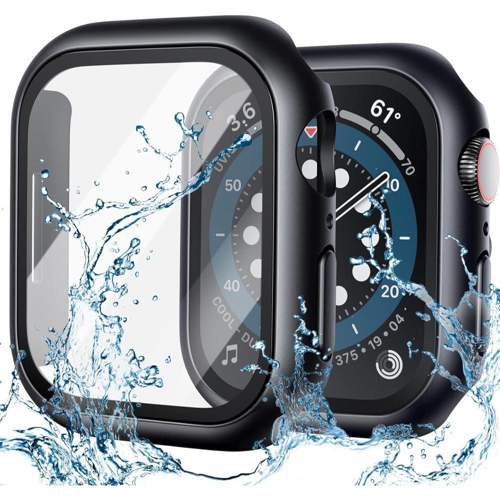 imageLamicall 2 Pack Waterproof Screen Protector Case for Apple Watch  Water proof Apple Watch Face Cover 9H HD Tempered Glass Screen Protector  Full Protective Bumper for iWatchBlack