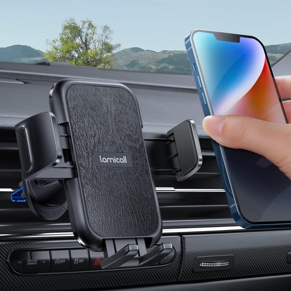imageLamicall 2025 Wider Clamp ampamp Metal Hook Car Phone Holder Vent Thick Cases Friendly Phone Holders for Your Car Mount Automobile Hands Free Cradle Air Vent for iPhone 16 15 14 13 Pro Max SmartphoneNEW Upgraded  Wood grain