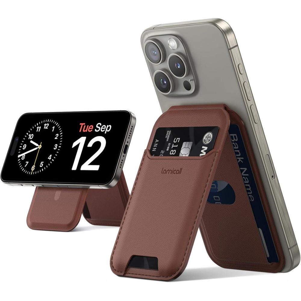 imageLamicall 23oz Light for Magsafe Wallet Stand  Slim Tight Phone 3 Cards Holder Adjustable Apple iPhone Wallet Stand 25lbs Magnetic for iPhone 16151413 Series Brown Red