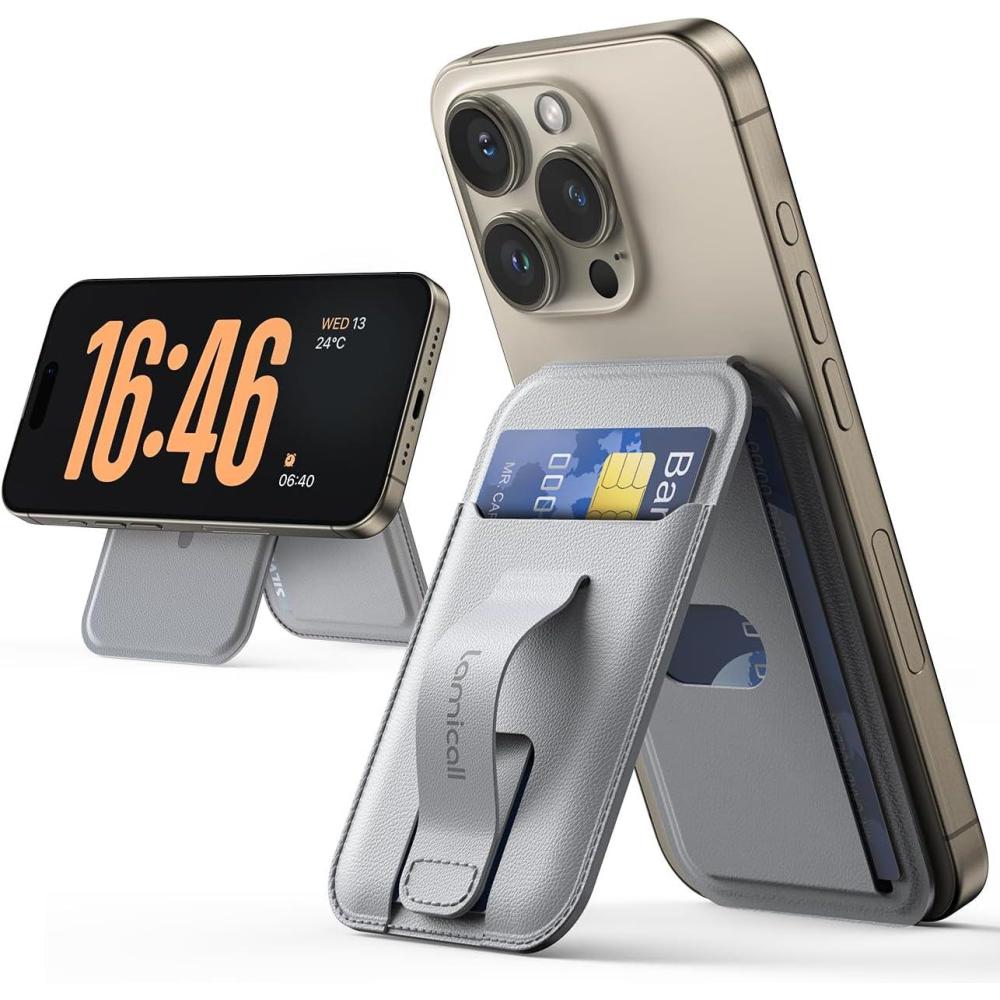 imageLamicall 24oz Light for MagSafe Wallet  Magnetic Phone Stand Slim Faux Leather Grip with 3 Card Holder and Finger Loop Grip for iPhone 15141312 Series Grey
