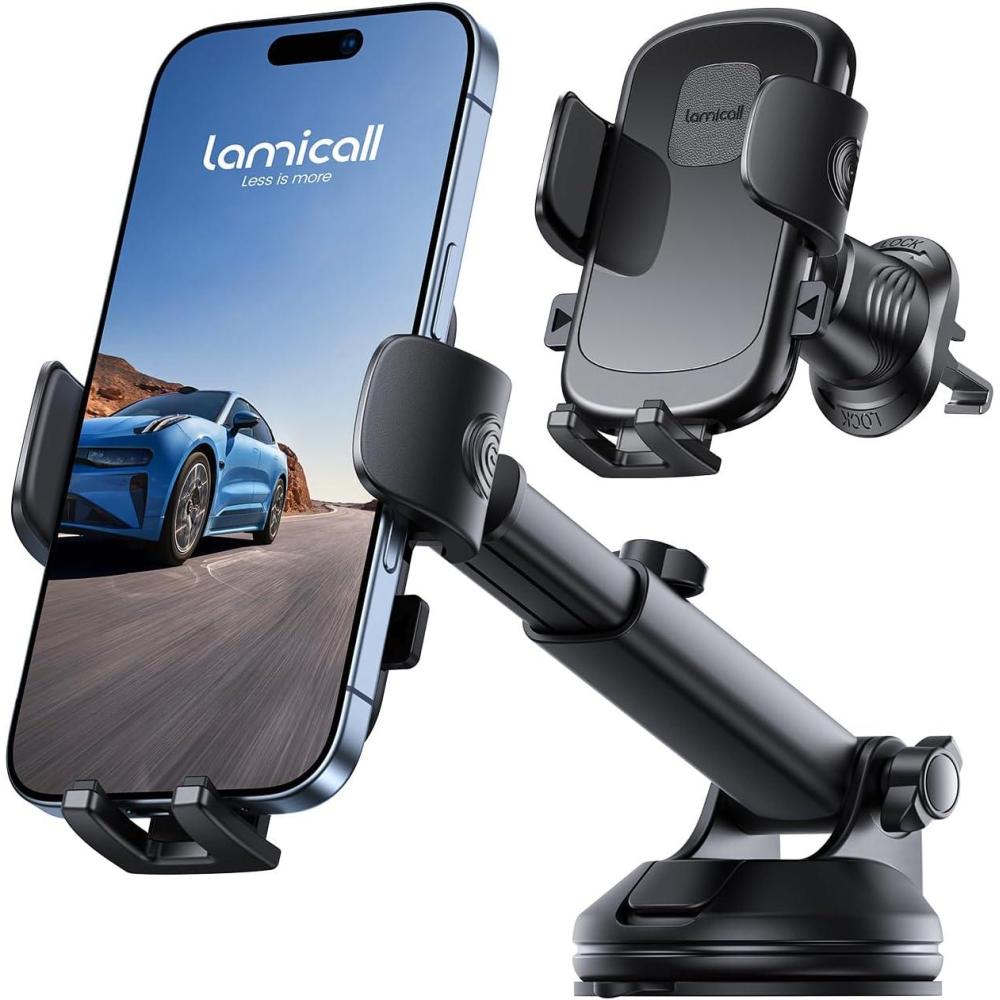 imageLamicall Car Phone Holder Mount 3in1 MilitaryGrade Suction Cup 360 Rotation Phone Holders for Your Car Metal Hook Cell Phone Car Mount Dashboard Vent Windshield for iPhone 16 All SmartphoneNEW Upgraded  LeatherGrain