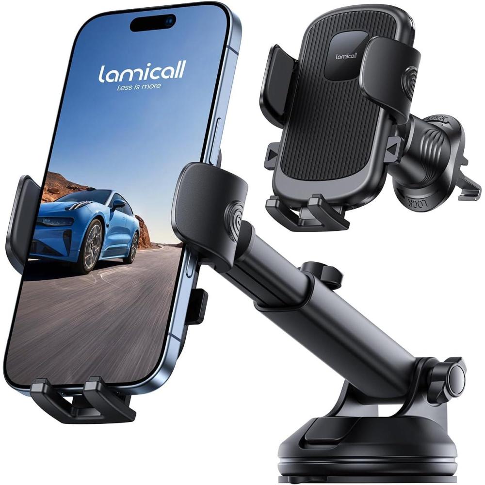 imageLamicall Car Phone Holder Mount 3in1 MilitaryGrade Suction Cup 360 Rotation Phone Holders for Your Car Metal Hook Cell Phone Car Mount Dashboard Vent Windshield for iPhone 16 All SmartphoneBlack