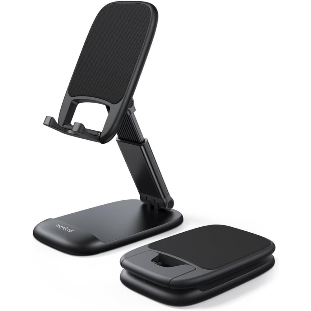 imageLamicall Cell Phone Stand for Desk  Height Adjustable Foldable Mobile Phone Holder Portable Stand for iPhone 16 15 14 13 12 11 Pro Max Plus Galaxy S25 S24 All Cellphones Office Accessories1Black