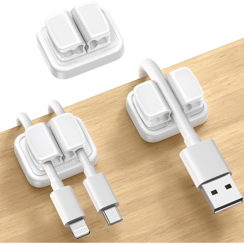 imageLamicall Cord Organizer Spring Clip Holder  1 Small Clip Hold 3 Cords Desk Cable Management Holder Adhesive Phone Charger Wire Keeper for Nightstand Office Car Desk Accessories 3PcsWhite