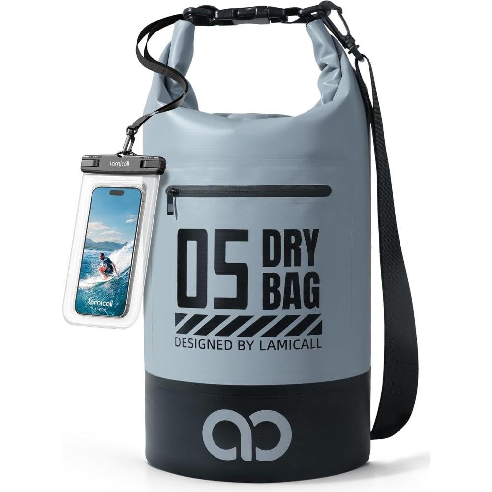 imageLamicall Dry Bag Waterproof Backpack  Zippered Pocket 5L10L20L30L40L Roll Top Waterproof Bag with Water Proof Phone Pouch Floatable Drybag for Swimming Boating Kayaking Camping BeachBlueish Gray
