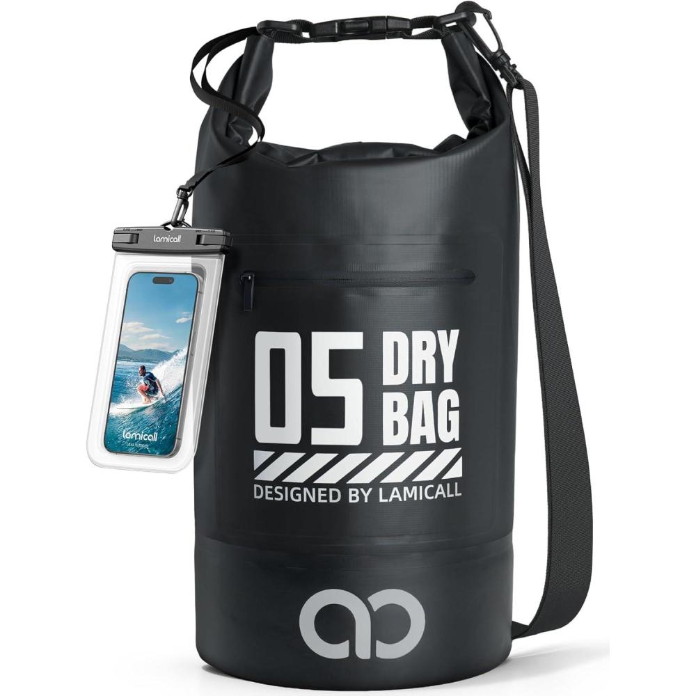 imageLamicall Dry Bag Waterproof Backpack  Zippered Pocket 5L10L20L30L40L Roll Top Waterproof Bag with Water Proof Phone Pouch Floatable Drybag for Swimming Boating Kayaking Camping BeachBlack