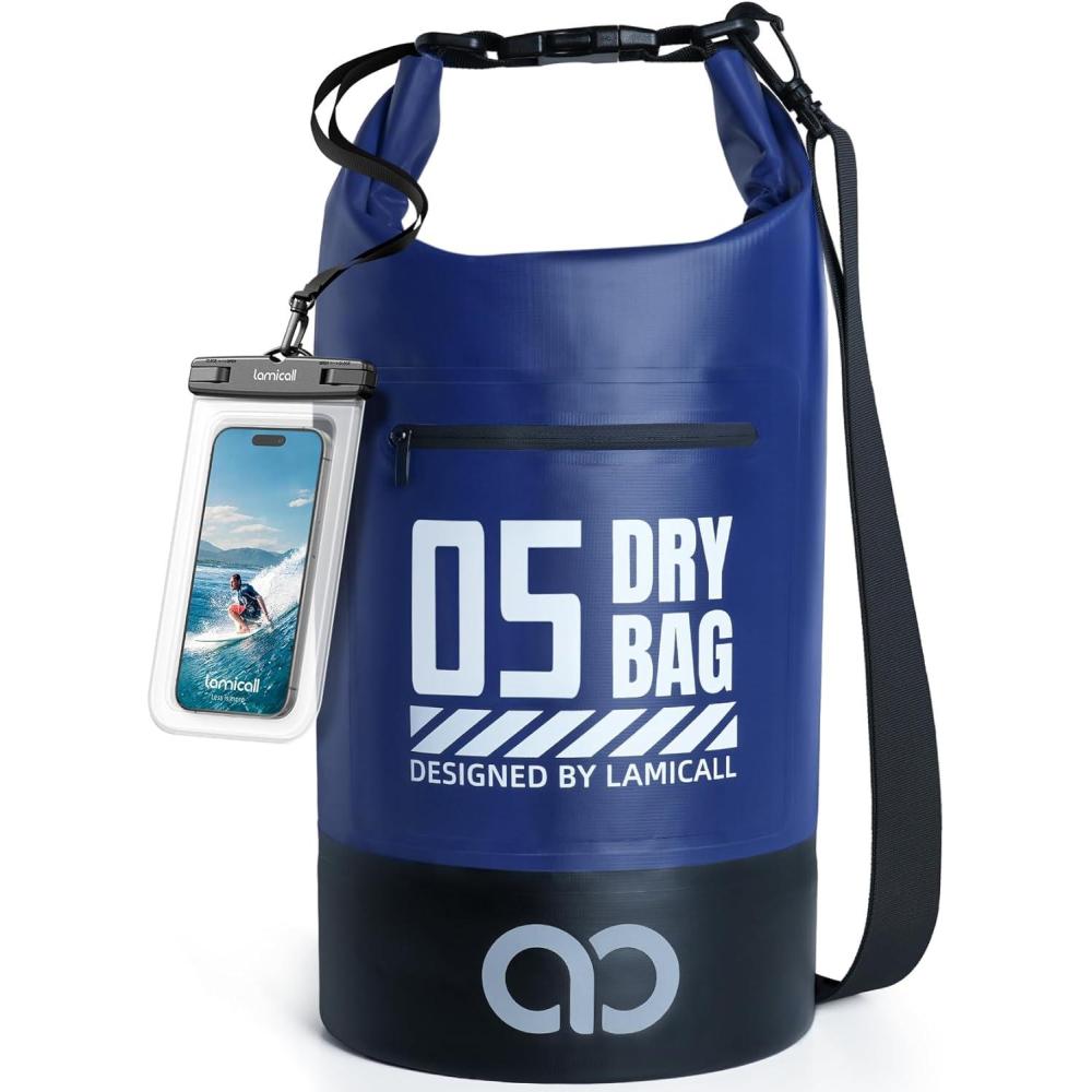 imageLamicall Dry Bag Waterproof Backpack  Zippered Pocket 5L10L20L30L40L Roll Top Waterproof Bag with Water Proof Phone Pouch Floatable Drybag for Swimming Boating Kayaking Camping BeachNavy Blue