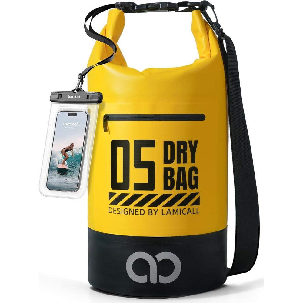 imageLamicall Dry Bag Waterproof Backpack  Zippered Pocket 5L10L20L30L40L Roll Top Waterproof Bag with Water Proof Phone Pouch Floatable Drybag for Swimming Boating Kayaking Camping BeachLemon Yellow