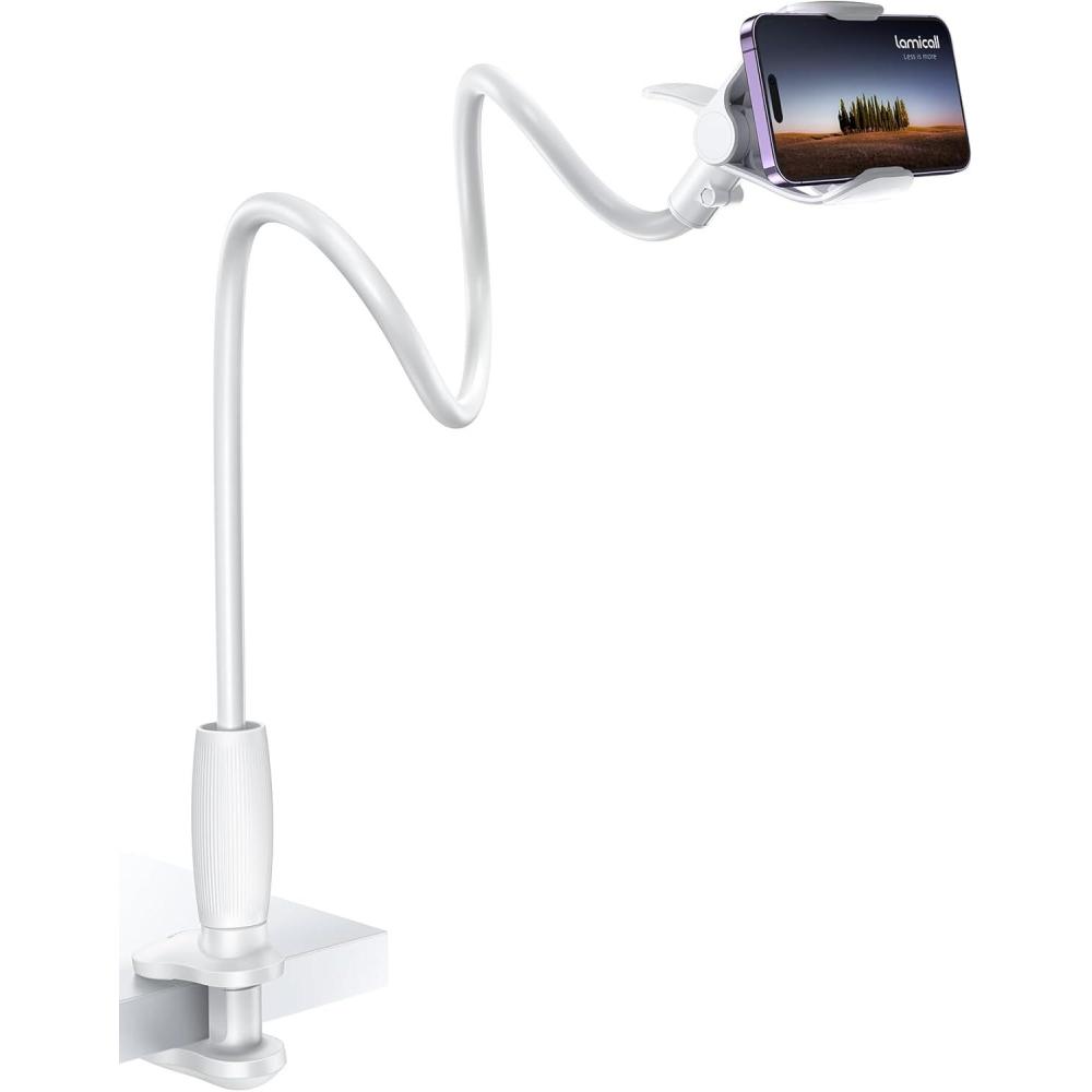 imageLamicall Gooseneck Phone Holder for Bed  360 Adjustable Clamp Clip Overhead Cell Phone Mount Stand for Desk Compatible with All Cellphone WhiteSnow White