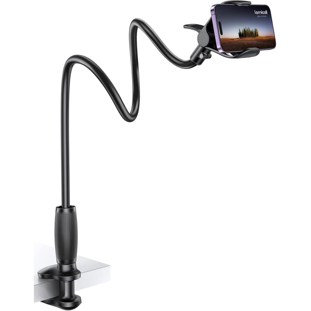 imageLamicall Gooseneck Phone Holder for Bed  360 Adjustable Clamp Clip Overhead Cell Phone Mount Stand for Desk Compatible with All Cellphone Whiteblack