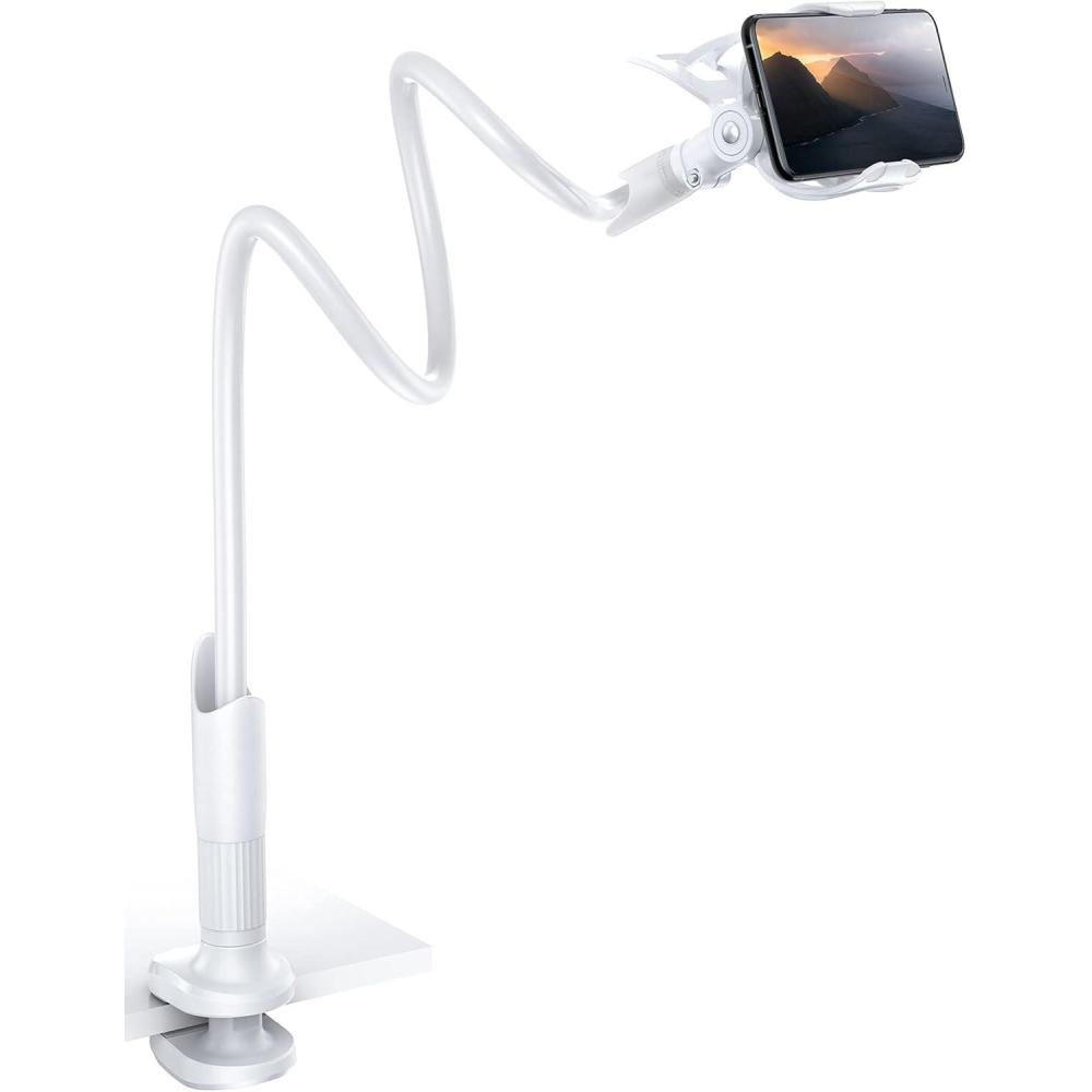 imageLamicall Gooseneck Phone Holder for Bed  Cell Phone Mount Clamp Clip Flexible Long Arm Overhead Mount for Desk Headboard Bedside for iPhone 16 Pro Max 15 Pro Max 14 Plus 13 Mini ampamp 47quot PhoneWhite