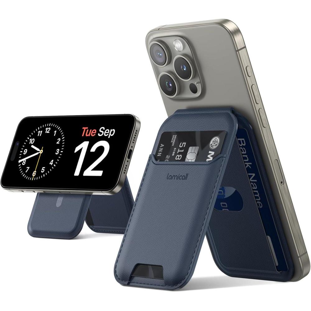 imageLamicall Lightweight for Magsafe Wallet Stand  Slim Magnetic Phone Card Holder Adjustable Leather Phone Wallet Stand Magnetic for iPhone 1615141312 Series Not for Mini Mag Safe AccessoriesDark Blue