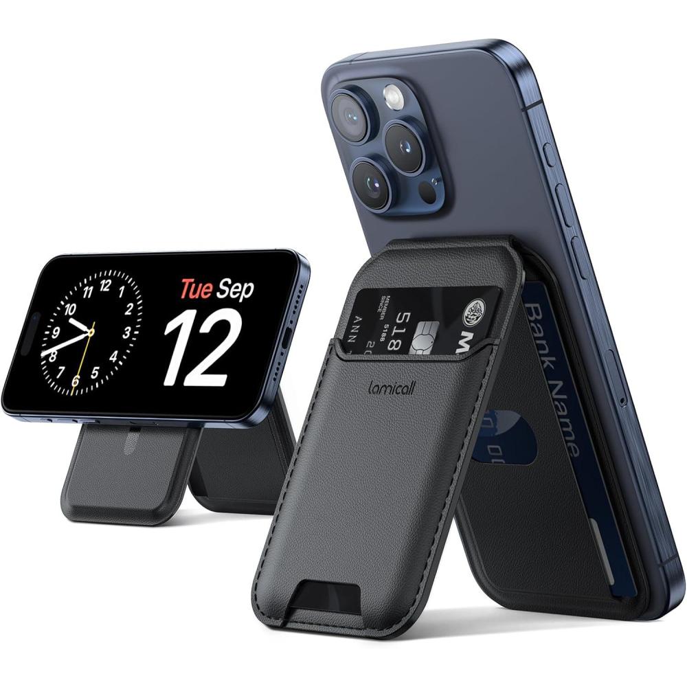 imageLamicall Lightweight for Magsafe Wallet Stand  Slim Magnetic Phone Card Holder Adjustable Leather Phone Wallet Stand Magnetic for iPhone 1615141312 Series Not for Mini Mag Safe AccessoriesClassic Black