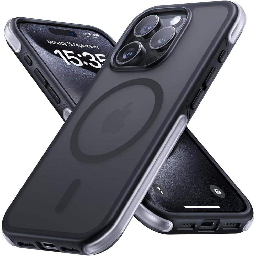 imageLamicall Magnetic Phone Case for MagSafe  18 FT MilGrade Drop Protection Shockproof Case with Air Bumpers Metal Buttons for iPhone 15 Pro Max Black Titanium15 Pro 61