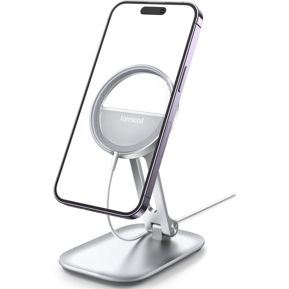 imageLamicall Phone Stand for Apple MagSafe Charger Not Fits 2024 Ver  Dual Hinge Collapsible Adjustable Charging Holder Dock for Desk Nightstand Fit for Airpods iPhone 16151413 SeriesOnly StandFor 15W Charger Old Version