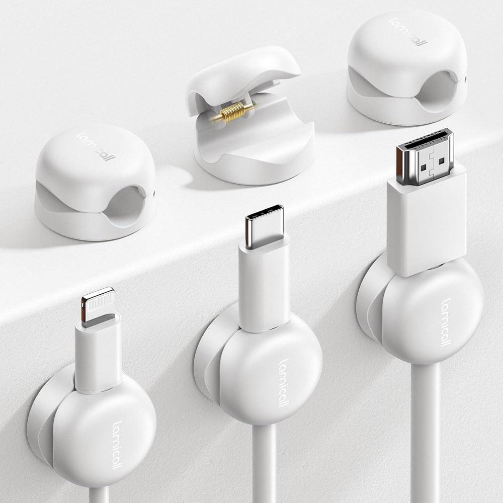 imageLamicall Spring Cord Organizer Office Desk Accessories  12Pack Compact Desk Cable Management Holder Clips Nightstand Phone Charging Cord Holder 8mm Slot Adhesive Wire Organizer WhiteWhite