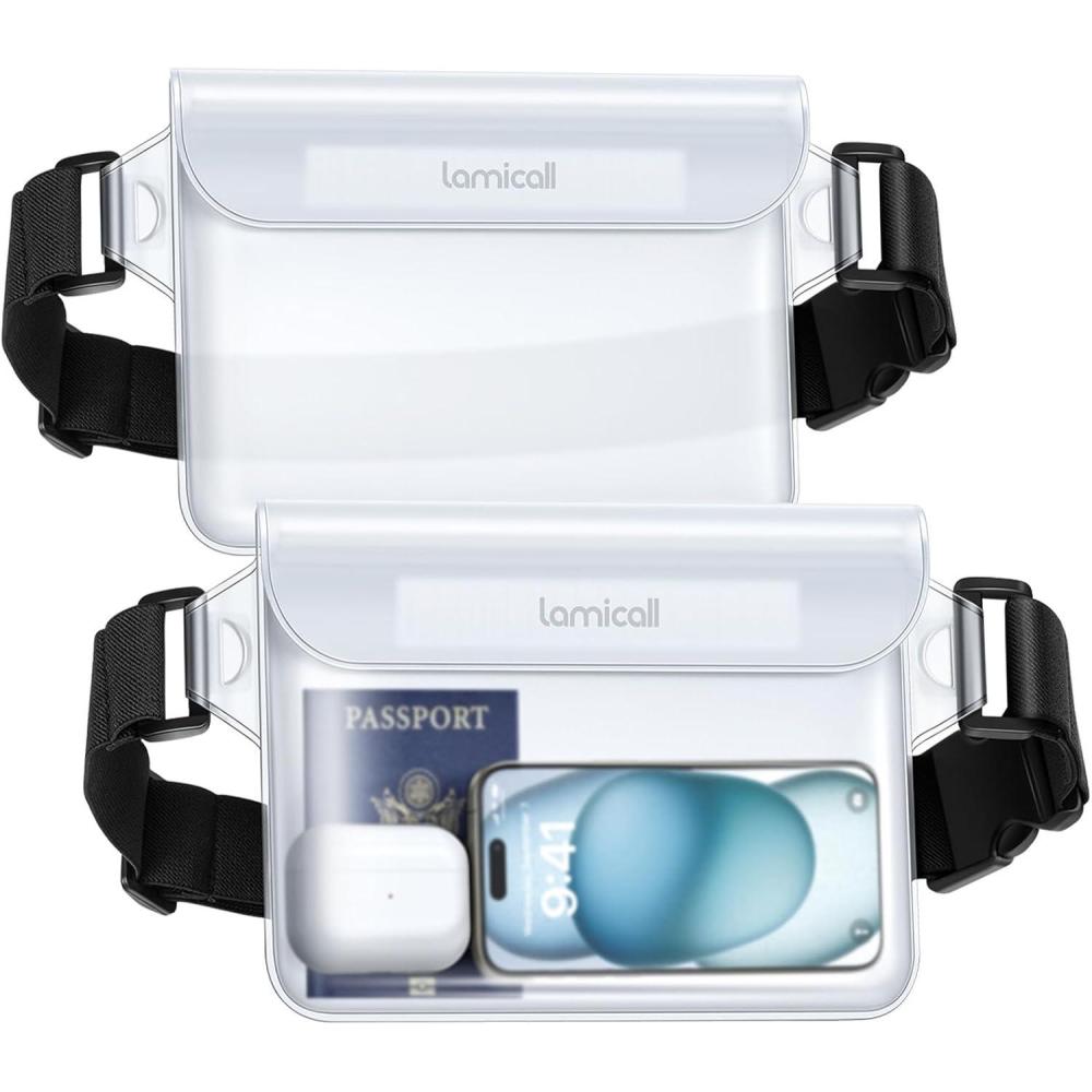 imageLamicall Waterproof Fanny Pack Pouch  2Pack 2025 Elastic Waist Strap IPX8 Dry Bags Water Proof Pouch for Swimming Beach Kayaking Cruise Ship Essentials 87 for iPhone 16 15 14 13 Pro MaxClear