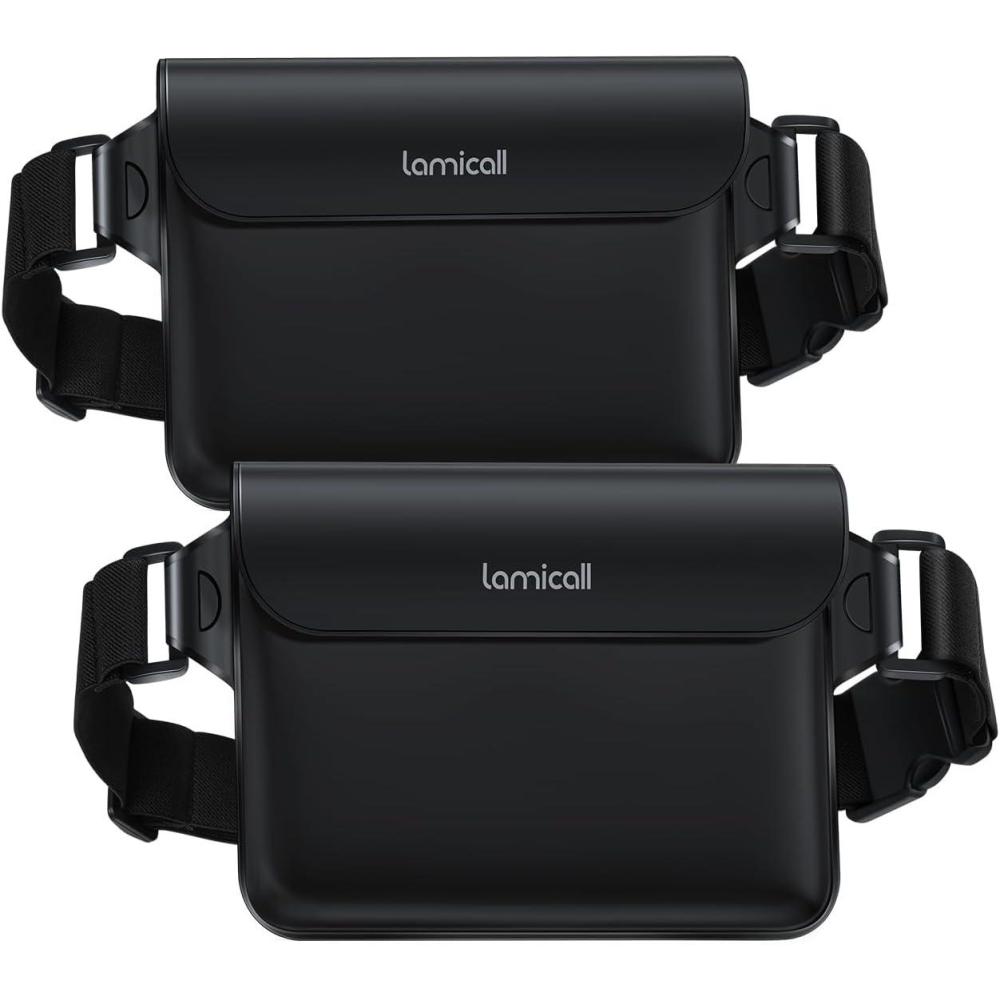 imageLamicall Waterproof Fanny Pack Pouch  2Pack 2025 Elastic Waist Strap IPX8 Dry Bags Water Proof Pouch for Swimming Beach Kayaking Cruise Ship Essentials 87 for iPhone 16 15 14 13 Pro MaxBlack
