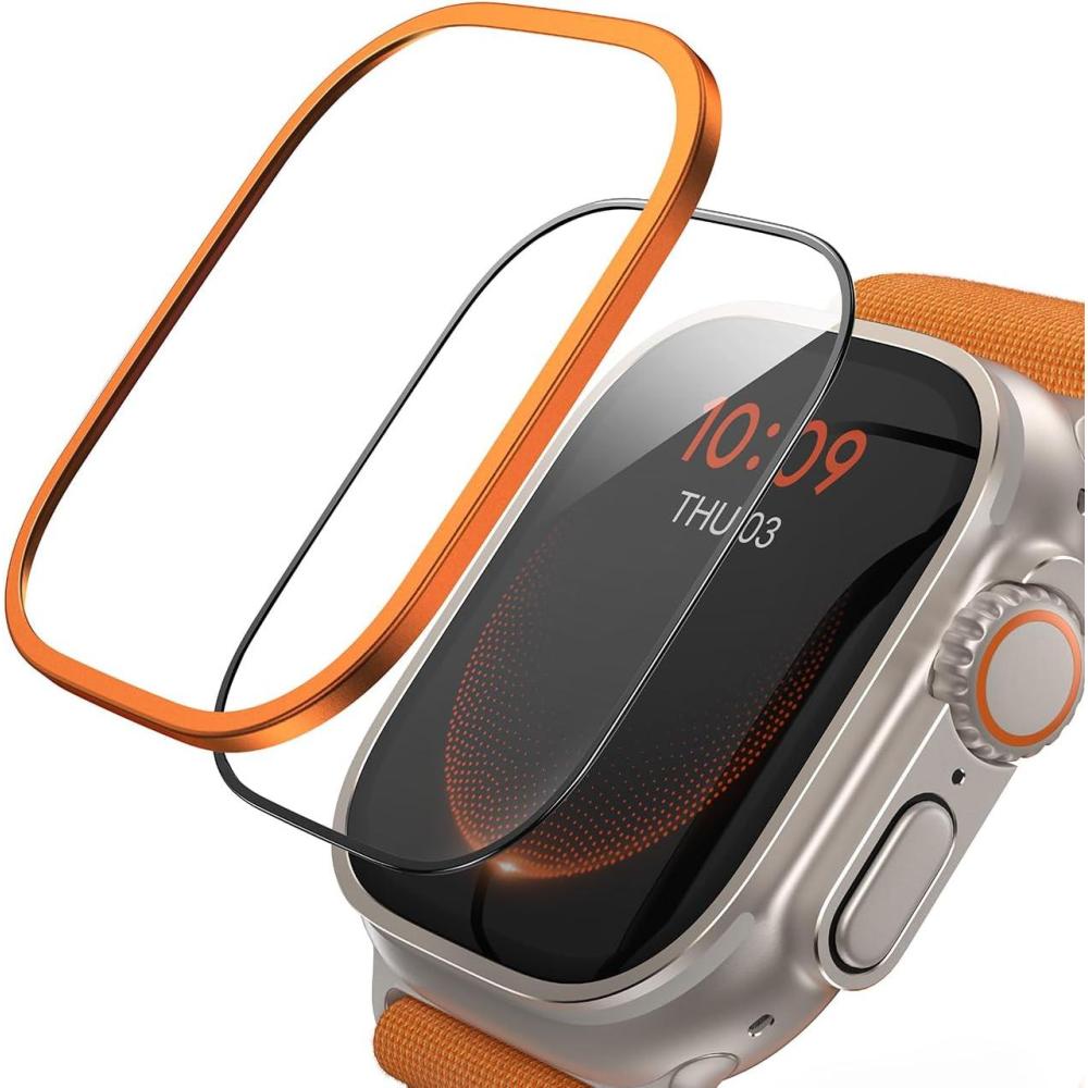 imageLamicall for Apple Watch Ultra Screen Protector  Titanium Bumper Frame Case Cover 2Pack Tempered Glass Film Sensitive Touch for iWatch Ultra 49mm Orange