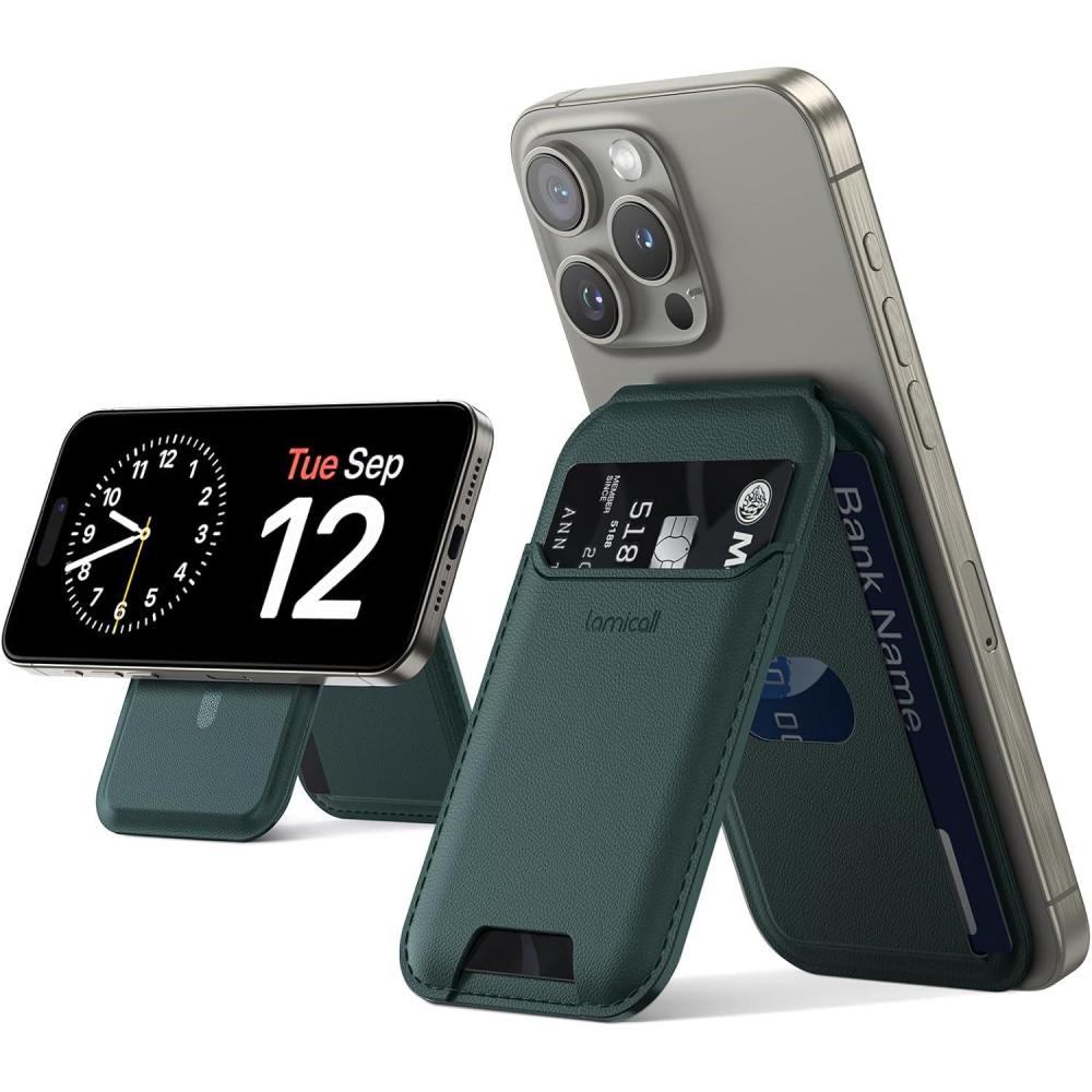 imageLamicall for Magsafe Wallet Stand  Upgraded 65g Light Slim Phone 3 Cards Holder Adjustable Leather Apple iPhone Wallet Stand Magnetic for iPhone 15141312 Series Not for Mini Dark Green