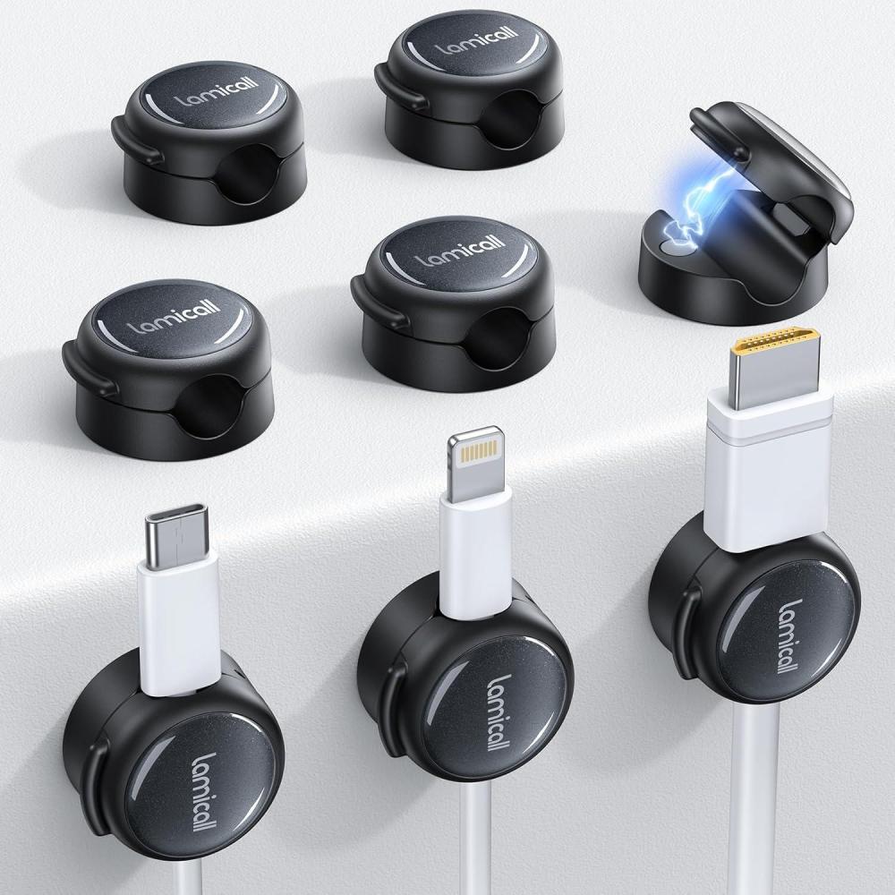 imageMagnetic Cable Clips Cord Organizer  Lamicall 8Pack CrystalClear ampamp Silver Shine Cable Management Holder for Phone Charging Cord Strong Adhesive for Nightstand Home Office Desk Decor AccessoriesMisty Black