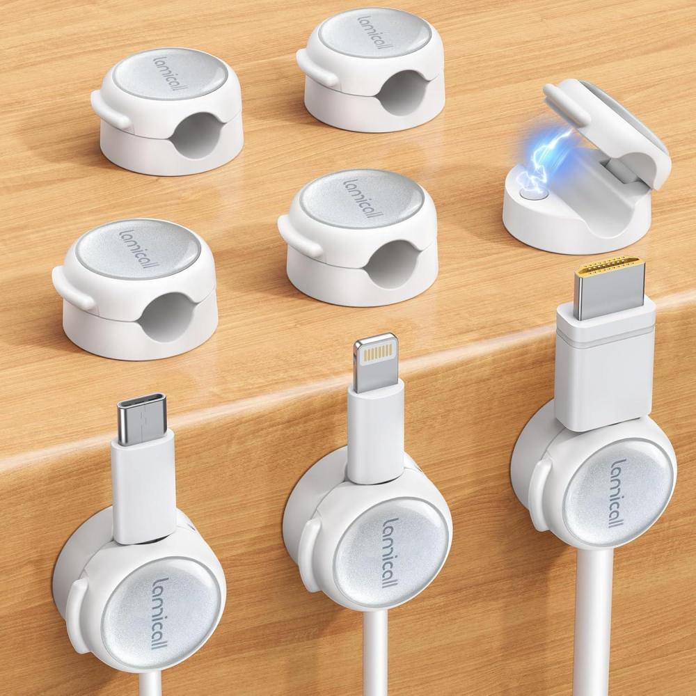 imageMagnetic Cable Clips Cord Organizer  Lamicall 8Pack CrystalClear ampamp Silver Shine Cable Management Holder for Phone Charging Cord Strong Adhesive for Nightstand Home Office Desk Decor Accessories Snow White