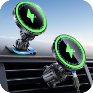 imageLamicall 15W for Magsafe Car Mount Charger  3in1 Upgraded Intelligent Chip 360 Wireless Car Phone Holder Charger Vent Dashboard Magnetic Phone Holders for Your Car for iPhone 16 15 Pro MaxBlack