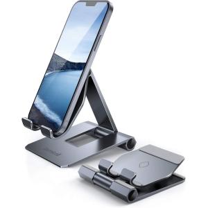 imageLamicall Aluminum Metal Adjustable Cell Phone Stand Desk  Heavy Duty Metal Foldable Desktop Phone Holder Cradle Dock for iPhone 16 15 14 Plus Pro Pro Max 13 12 X XS411 Phone SliverGrey