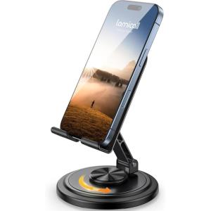 imageLamicall Cell Phone Stand for Desk  360 Rotation Sturdy Adjustable Desktop Phone Holder Foldable Mobile Stand Office Desk Accessories for iPhone 16 15 14 Pro Max Galaxy S25 S24 All PhonesBlack