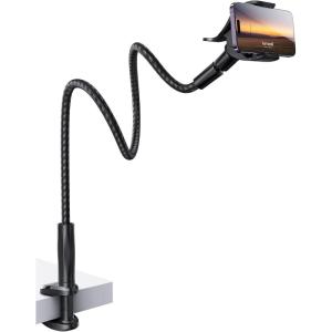 imageLamicall Gooseneck Phone Holder Bed  Nylon Braided Flexible Arm 38inch Overall Length 360 Adjustable Clamp Clip Overhead Cell Phone Mount Stand for Bed Desk 47 CellphoneBlack