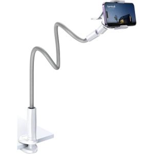 imageLamicall Gooseneck Phone Holder Bed  Nylon Braided Flexible Arm 38inch Overall Length 360 Adjustable Clamp Clip Overhead Cell Phone Mount Stand for Bed Desk 47 CellphoneGrey
