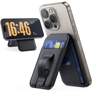 imageLamicall Magnetic Phone Stand  Slim Faux Leather Grip for Apple MagSafe Wallet Magnet 3 Cards Holder Finger Loop Grip for iPhone 15141312 Series Black