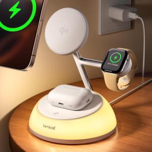 imageLamicall Qi2 Wireless Charging Station for MagSafe  4 in 1 15W Fast Wireless Charger Stand with Night Light for iPhone 16 15 14 13 12 Pro Max Apple Watch Ultra Series 10 9 SE Airpods 4 3 Pro