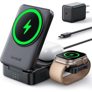 imageLamicall Wireless Charging Station for MagSafe  3 in 1 Wireless Foldable Charger Stand for Apple Multiple Devices for iPhone 16 15 14 13 12 Pro Max Apple Watch Ultra Series 10 9 SE Airpods 4 3 ProBlack