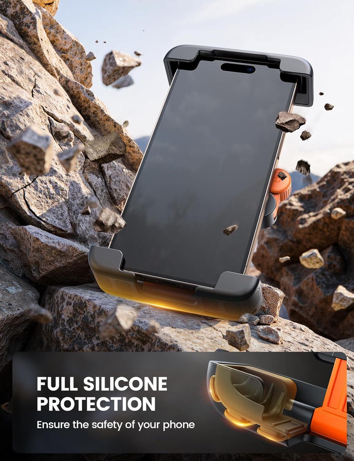 imageLamicall Bike Motorcycle Phone Mount  1s Quick Lock Bike Cell Phone Holder Clip Bicycle Scooter Handlebar Clamp for iPhone 17 16 15 Pro Max Galaxy S25 S24 Ultra More 67quot Phones GrayOrange