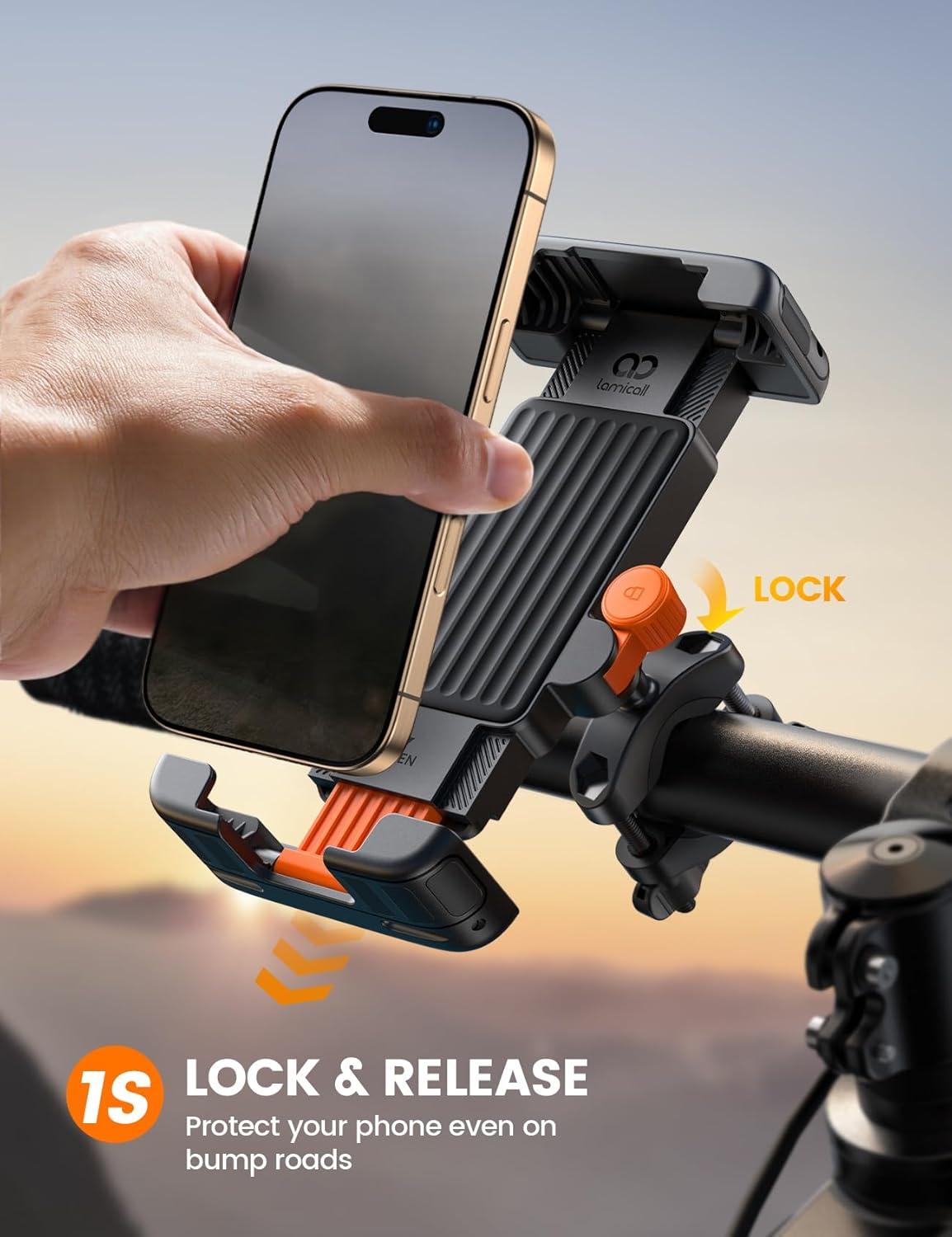imageLamicall Bike Motorcycle Phone Mount  1s Quick Lock Bike Cell Phone Holder Clip Bicycle Scooter Handlebar Clamp for iPhone 17 16 15 Pro Max Galaxy S25 S24 Ultra More 67quot Phones GrayOrange