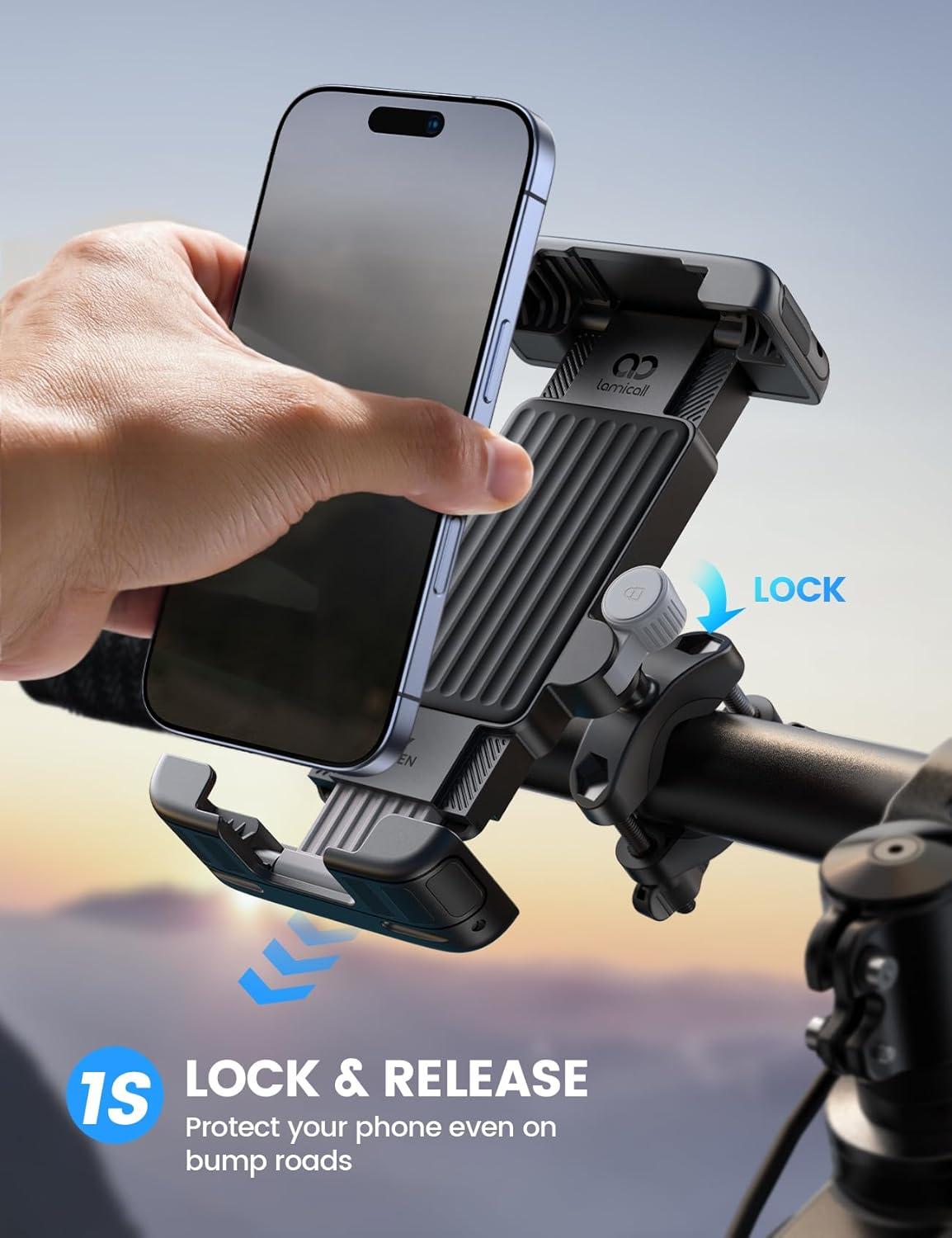 imageLamicall Bike Motorcycle Phone Mount  1s Quick Lock Bike Cell Phone Holder Clip Bicycle Scooter Handlebar Clamp for iPhone 17 16 15 Pro Max Galaxy S25 S24 Ultra More 67quot Phones GrayGray