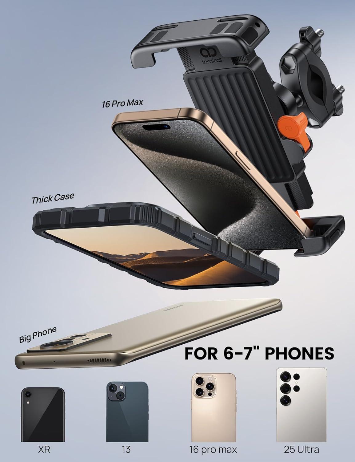 imageLamicall Bike Motorcycle Phone Mount  1s Quick Lock Bike Cell Phone Holder Clip Bicycle Scooter Handlebar Clamp for iPhone 17 16 15 Pro Max Galaxy S25 S24 Ultra More 67quot Phones GrayOrange