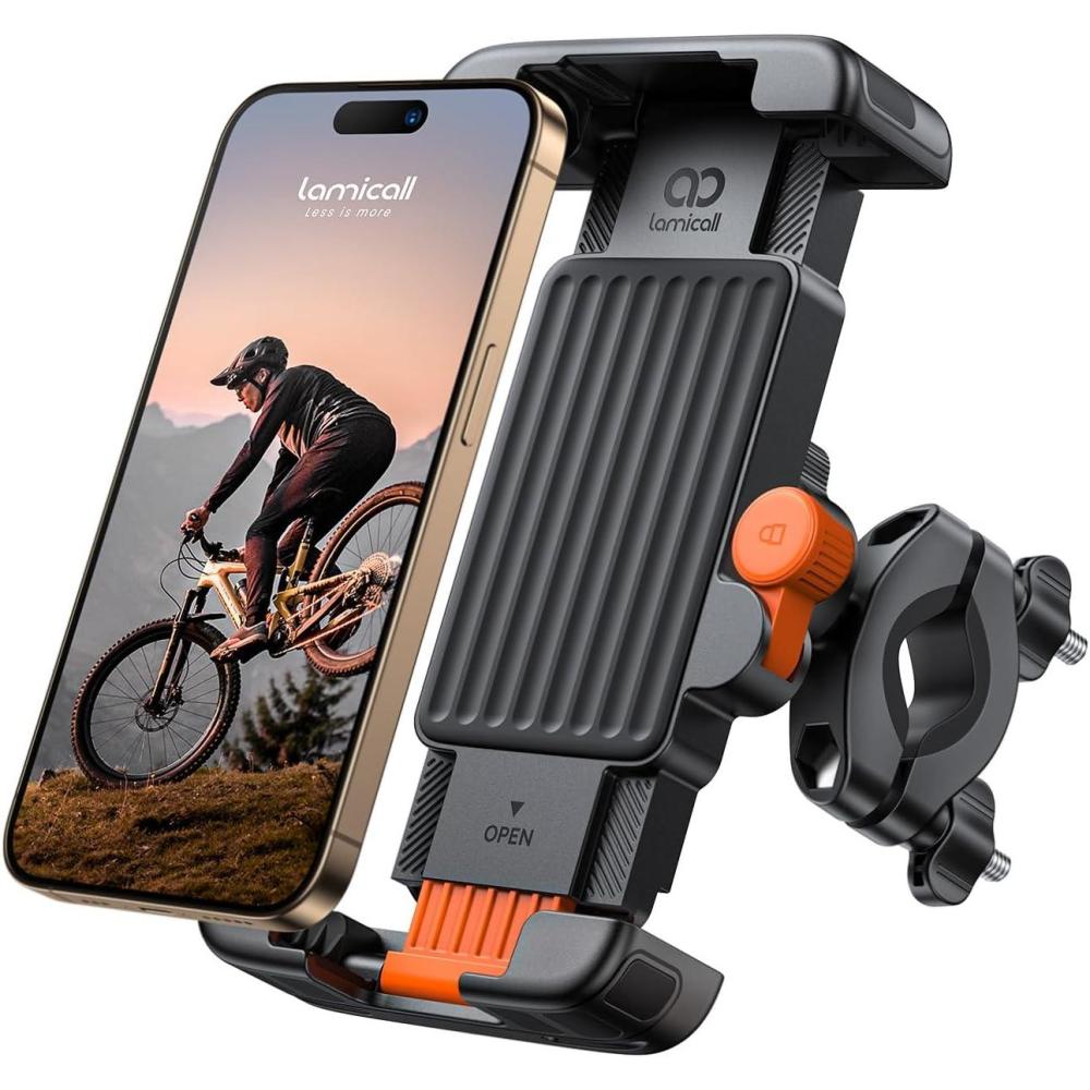 imageLamicall Bike Motorcycle Phone Mount  1s Quick Lock Bike Cell Phone Holder Clip Bicycle Scooter Handlebar Clamp for iPhone 17 16 15 Pro Max Galaxy S25 S24 Ultra More 67quot Phones GrayOrange
