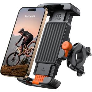 imageLamicall Bike Motorcycle Phone Mount  1s Quick Lock Bike Cell Phone Holder Clip Bicycle Scooter Handlebar Clamp for iPhone 17 16 15 Pro Max Galaxy S25 S24 Ultra More 67quot Phones GrayOrange