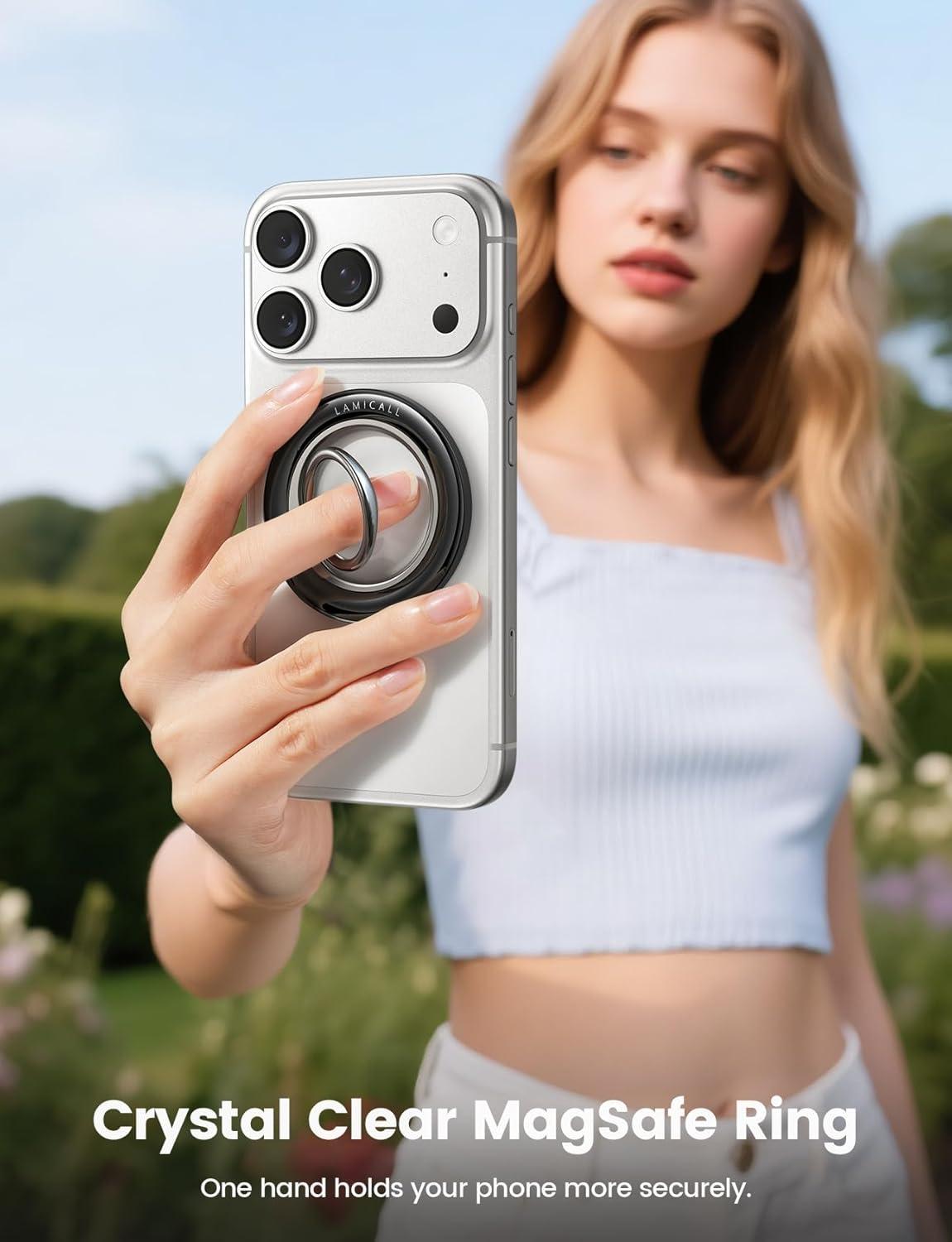 imageLamicall for MagSafe Magnetic Phone Ring Grip  360 Rotating Ring Holder with Smooth Damping Crystal Clear Finger Grip Kickstand Strong Mag Safe Accessories for iPhone 17 Pro Max Air All Phones